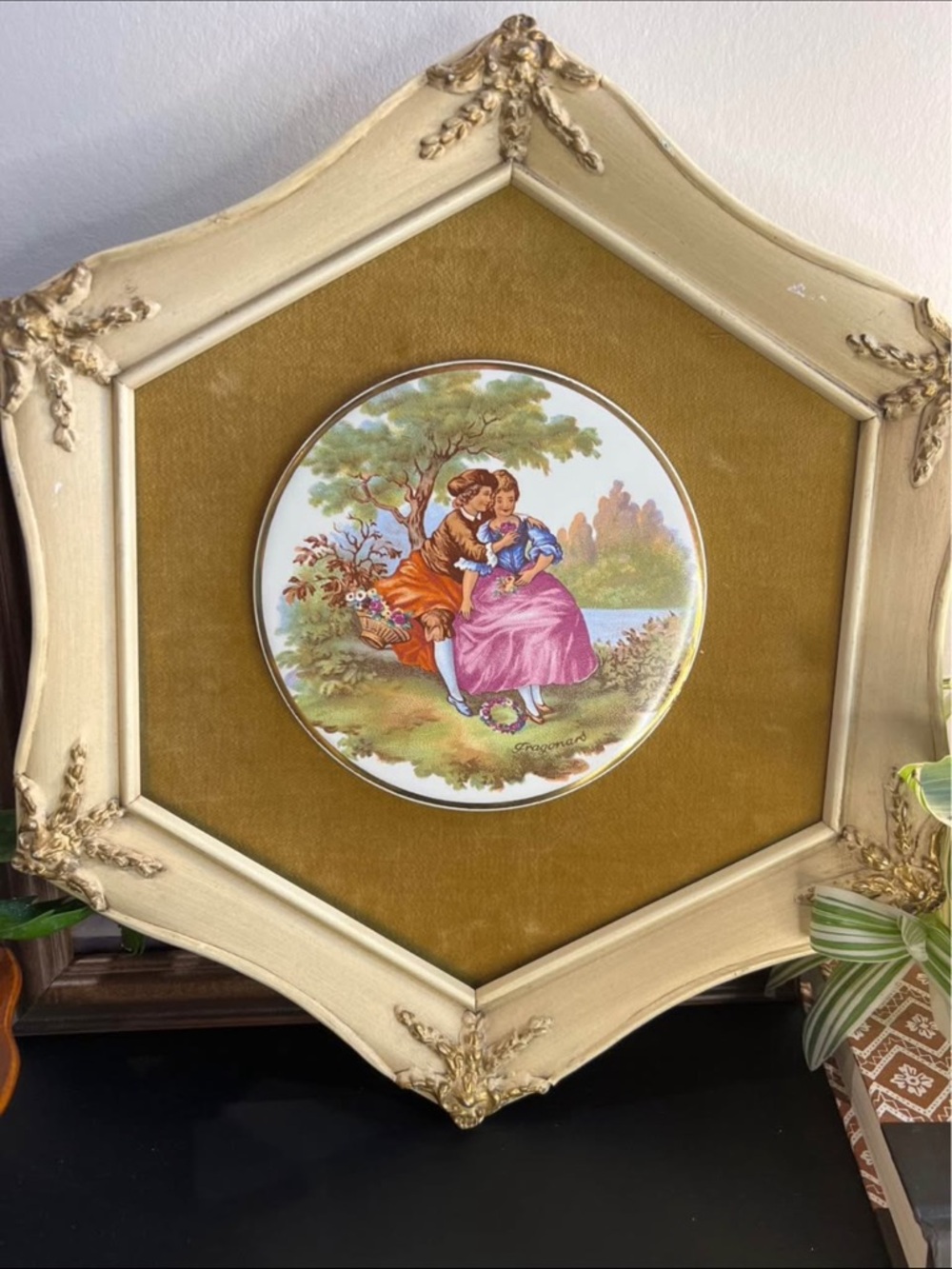 Vintage Regency French Couple Decorative Plate in Ornate Hex Frame- Ivory & Gold